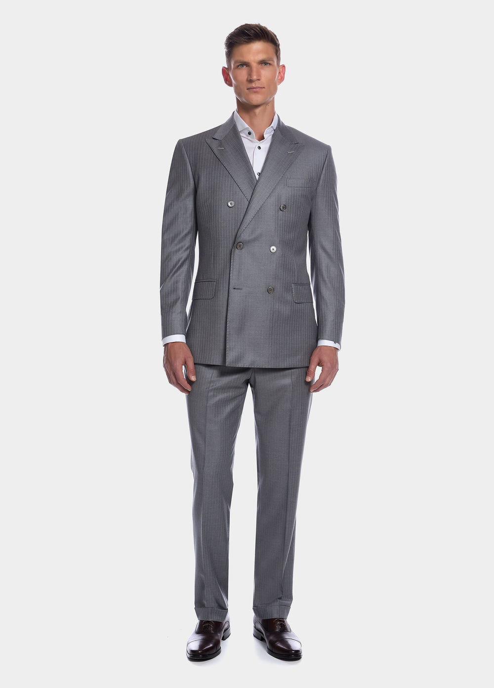 Havoc Traje Raya Diplomática Gris Claro Rayas Blancas Lana Super 150´S