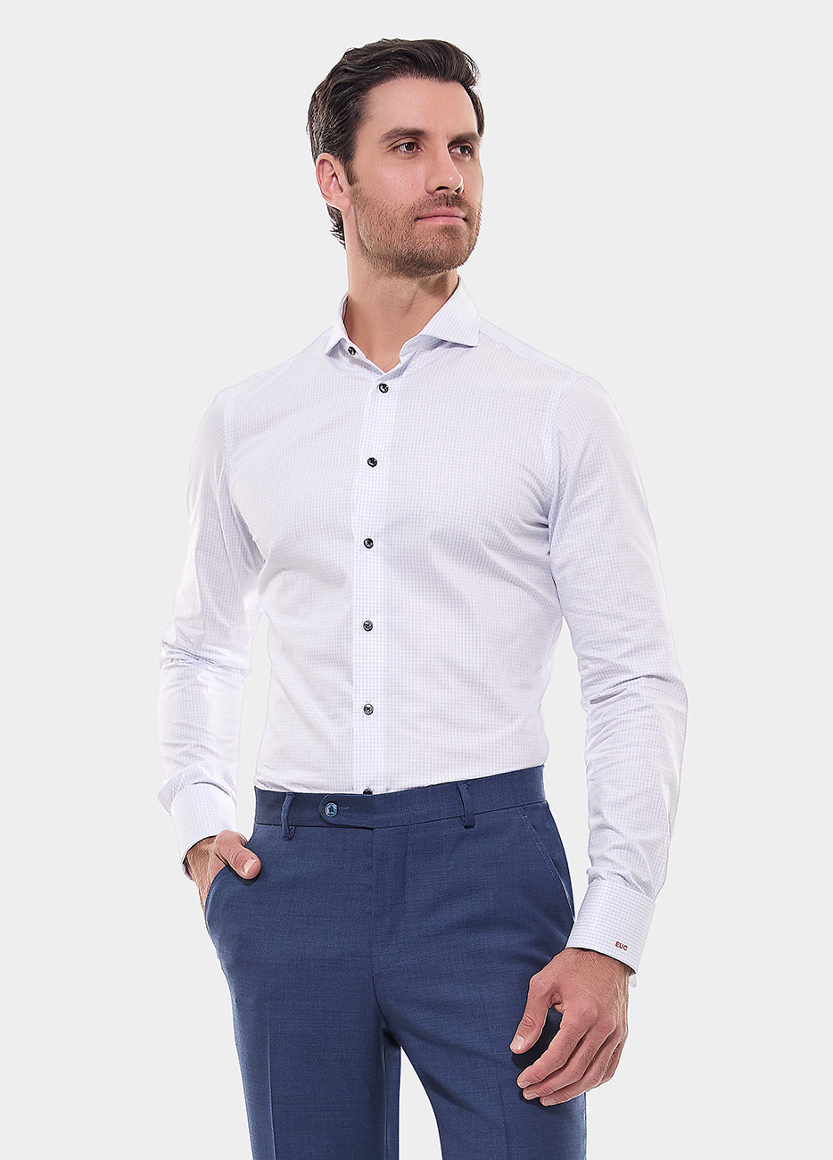 Camisa Micro Cuadro Blanco Con Lineas Azul