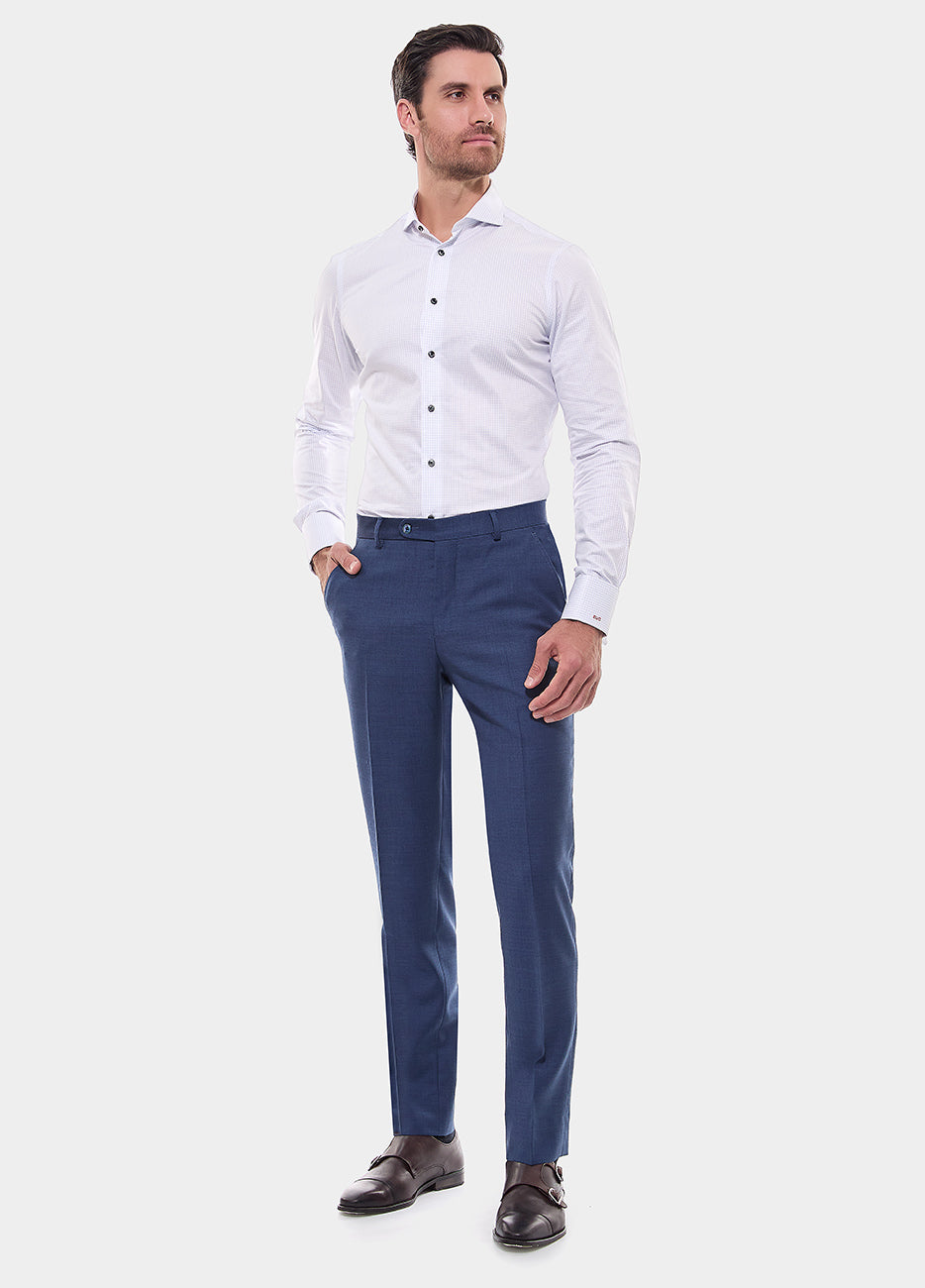 Camisa Micro Cuadro Blanco Con Lineas Azul