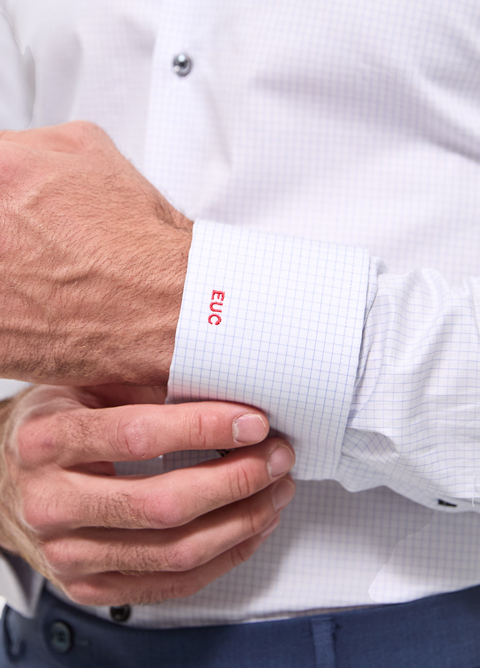 Camisa Micro Cuadro Blanco Con Lineas Azul
