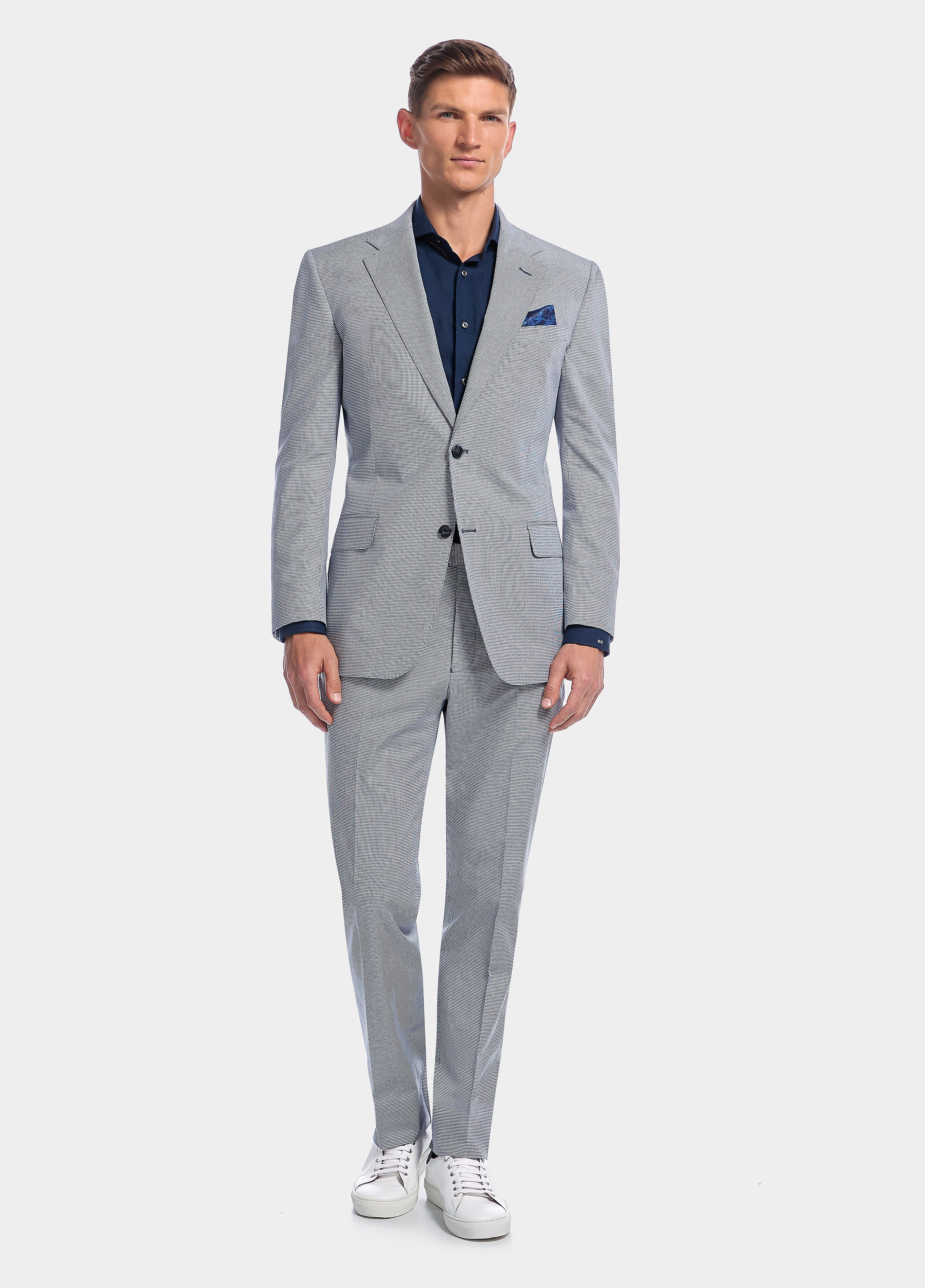 Traje Microdiseño Azul Con Blanco Pata De Gallo