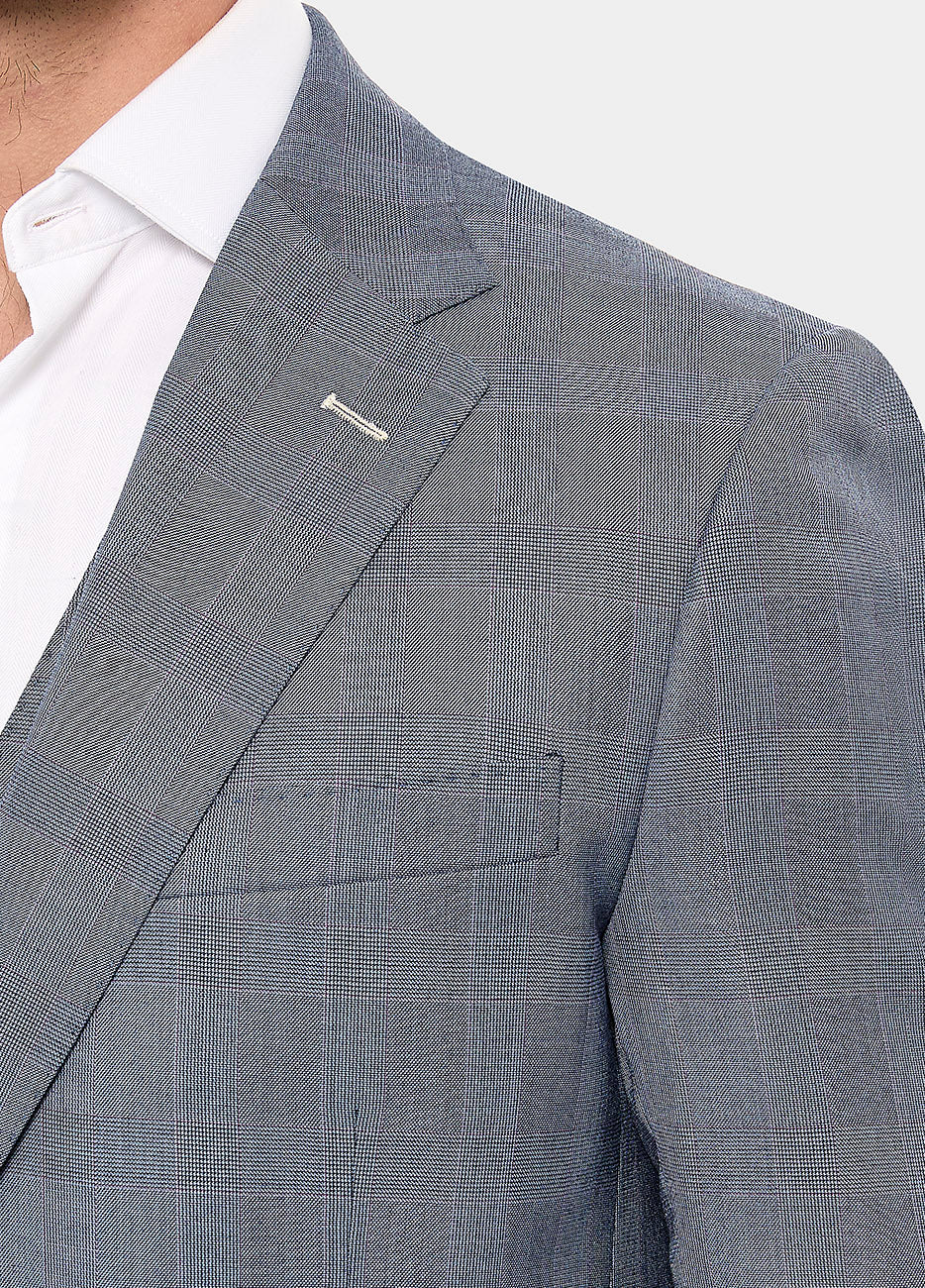 Traje Principe De Gales Azul Prusia Línea Azul Marino Y Fucsia