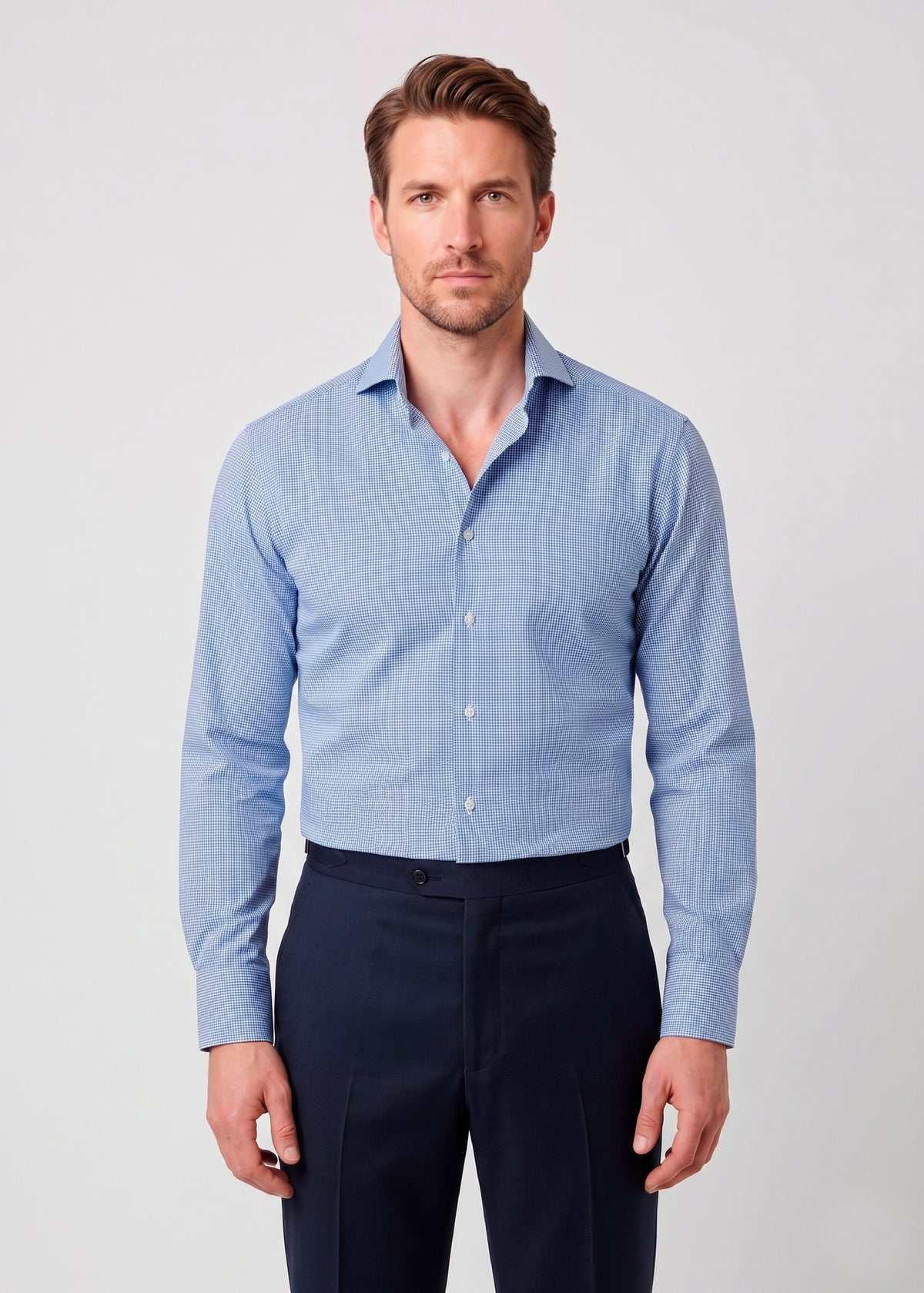Camisa Azul Medio. Cuadro. Twill 70/1. Wrinkle Free