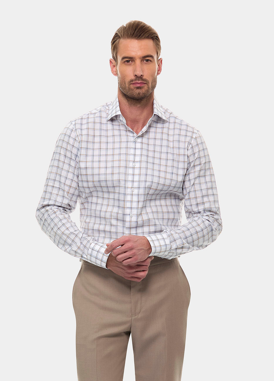 Havoc Camisa Cuadro Ventana Blanco Lineas Camel Y Azul Cobalto