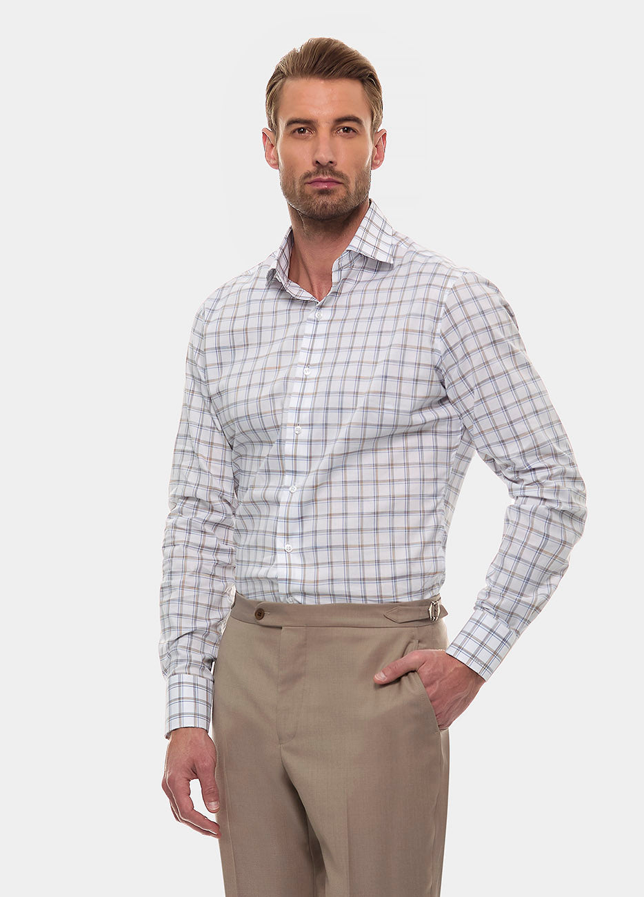 Havoc Camisa Cuadro Ventana Blanco Lineas Camel Y Azul Cobalto