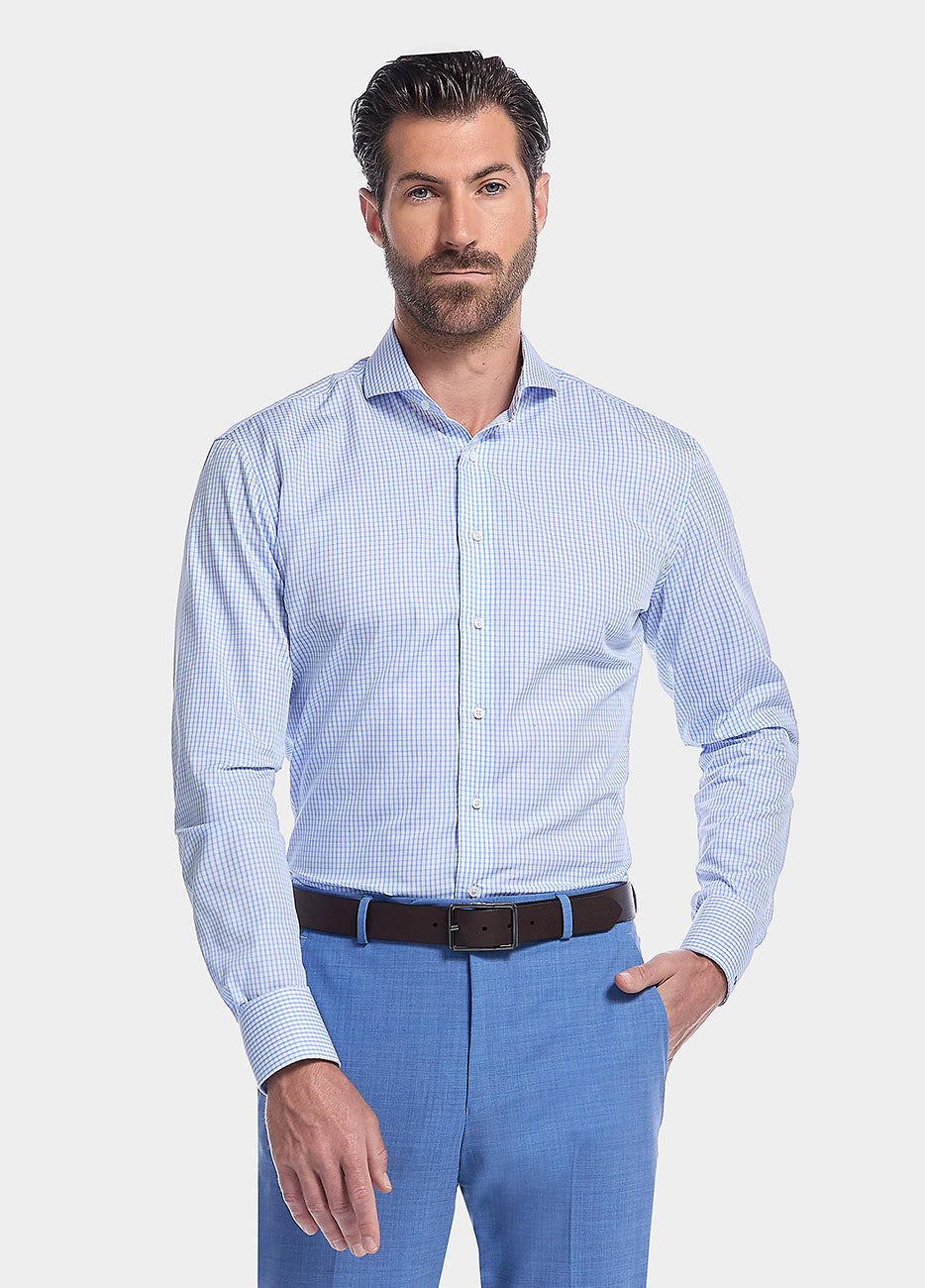 Camisa Blanca Con Cuadros Delgados En Azul Cielo| HAVOC