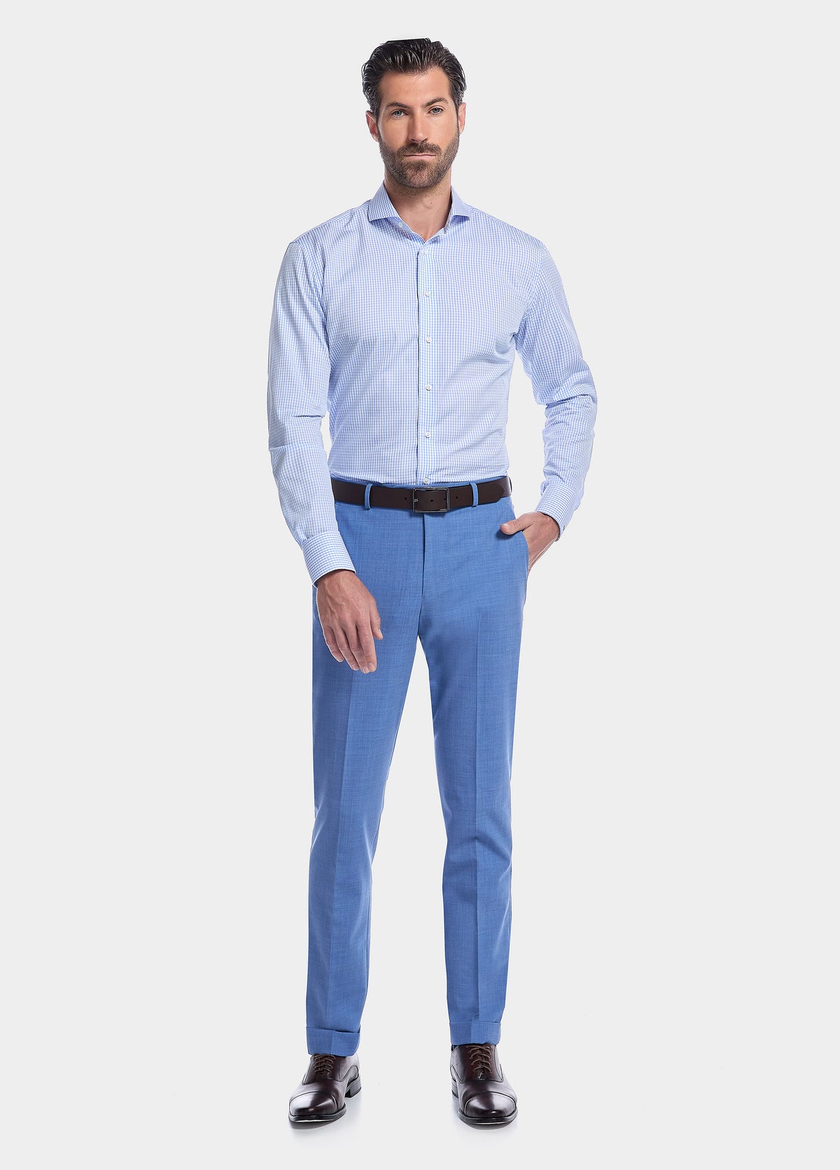 Camisa Blanca Con Cuadros Delgados En Azul Cielo