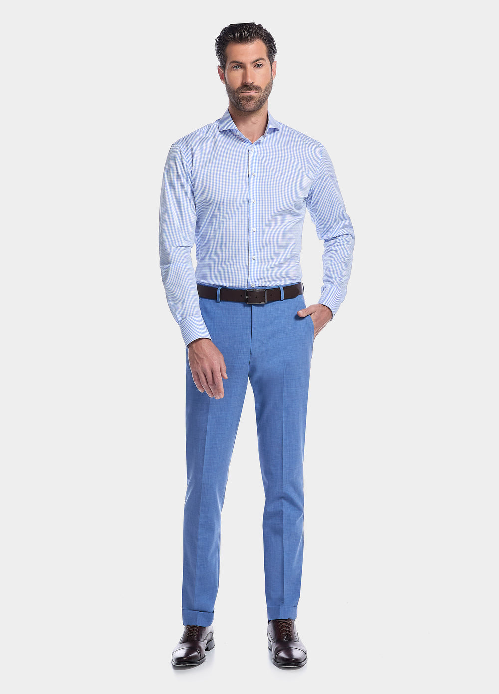 Havoc Camisa Blanca Con Cuadros Delgados En Azul Cielo