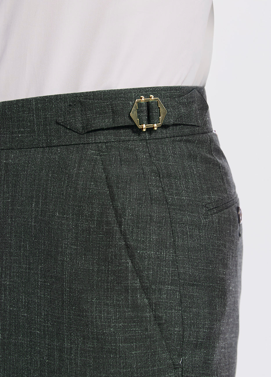 Pantalón Liso Verde Olivo Lana Virgen, Seda Y Lino