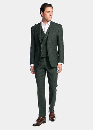 Traje Liso Verde Olivo Lana Virgen, Seda Y Lino