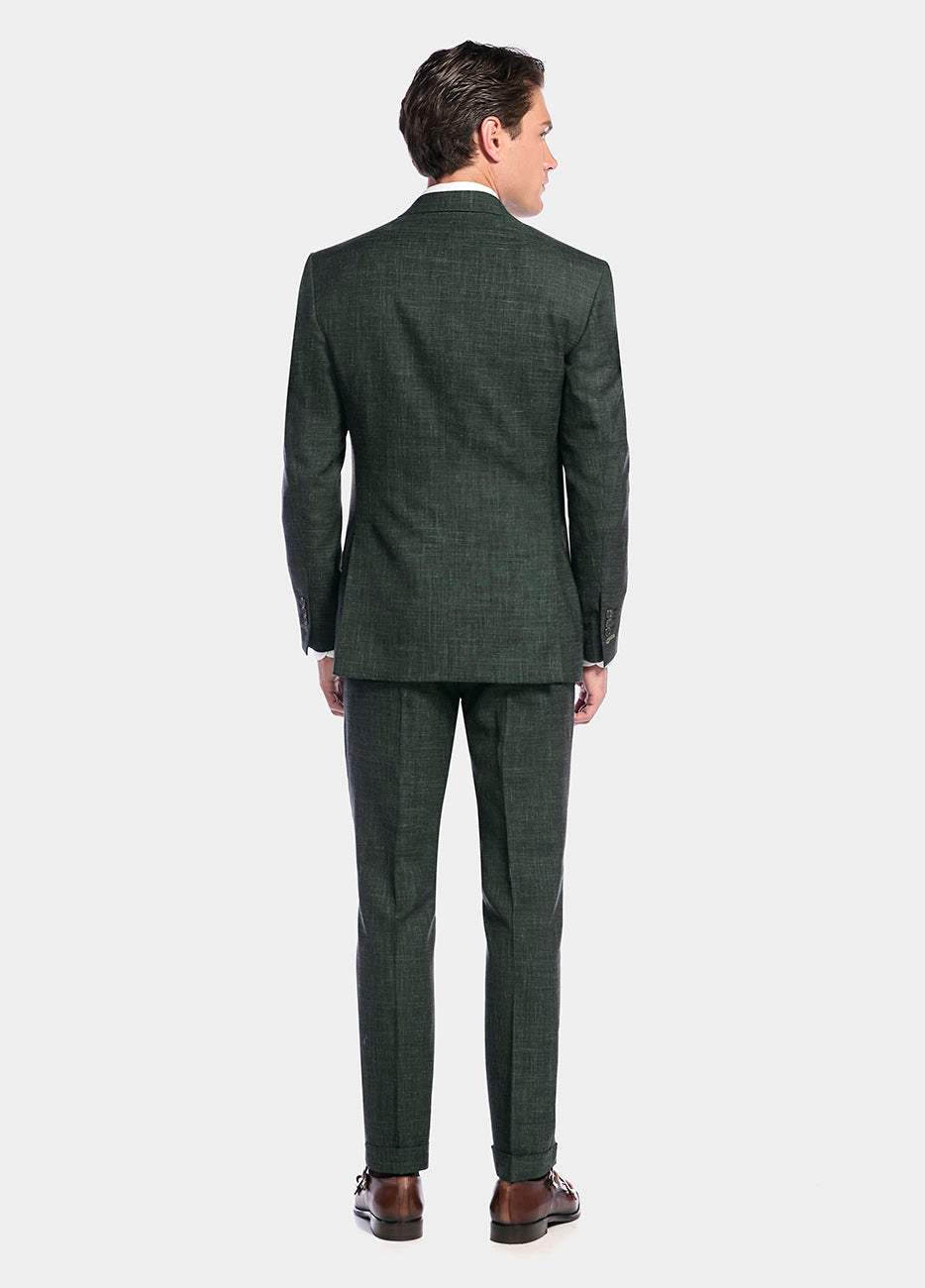 Traje Liso Verde Olivo Lana Virgen, Seda Y Lino