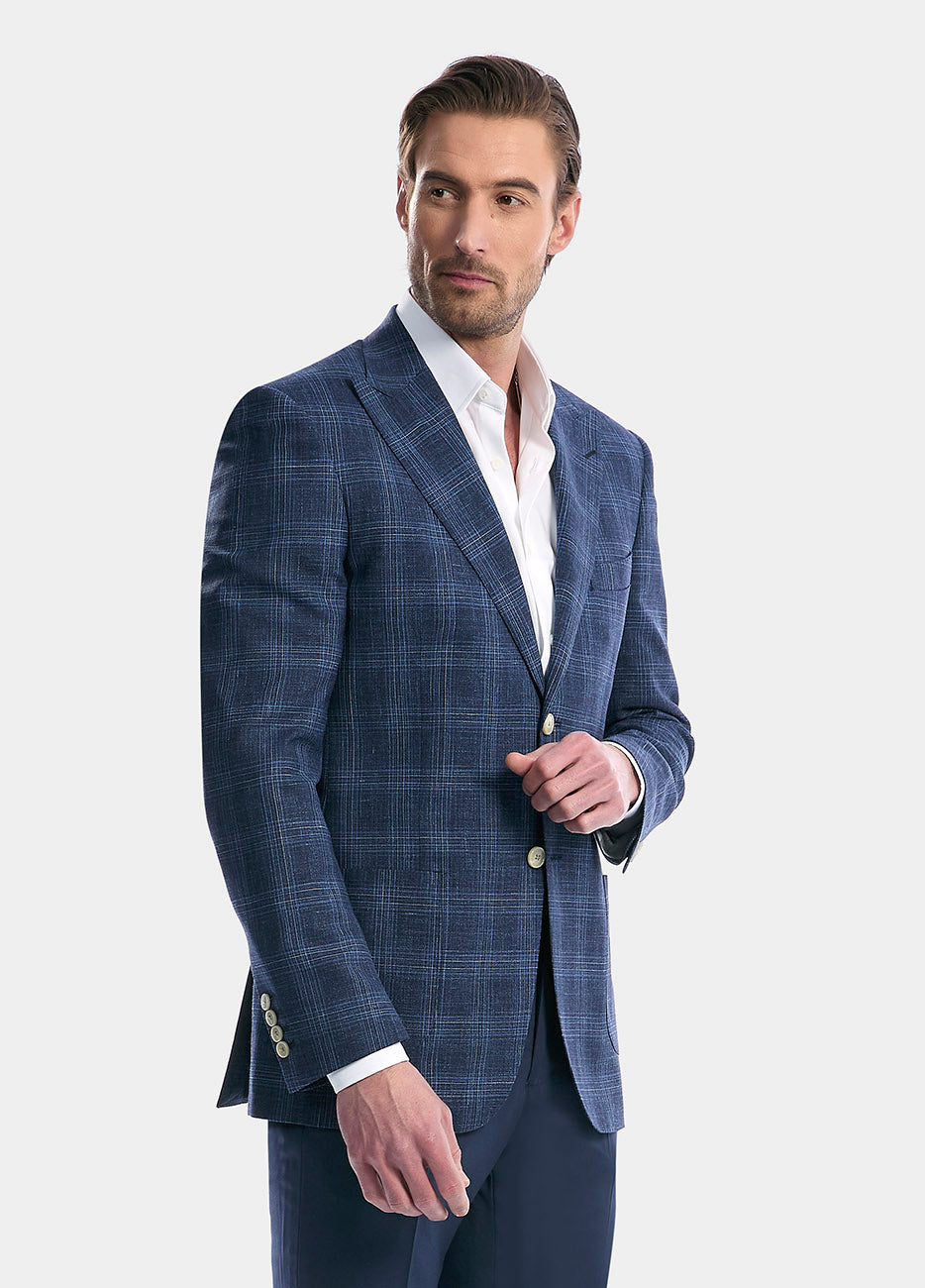 Saco Smoking Cuadro Azul Indigo Con Lineas Plata