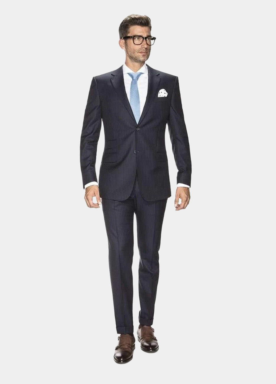 Traje Azul Con Raya Gis Gris