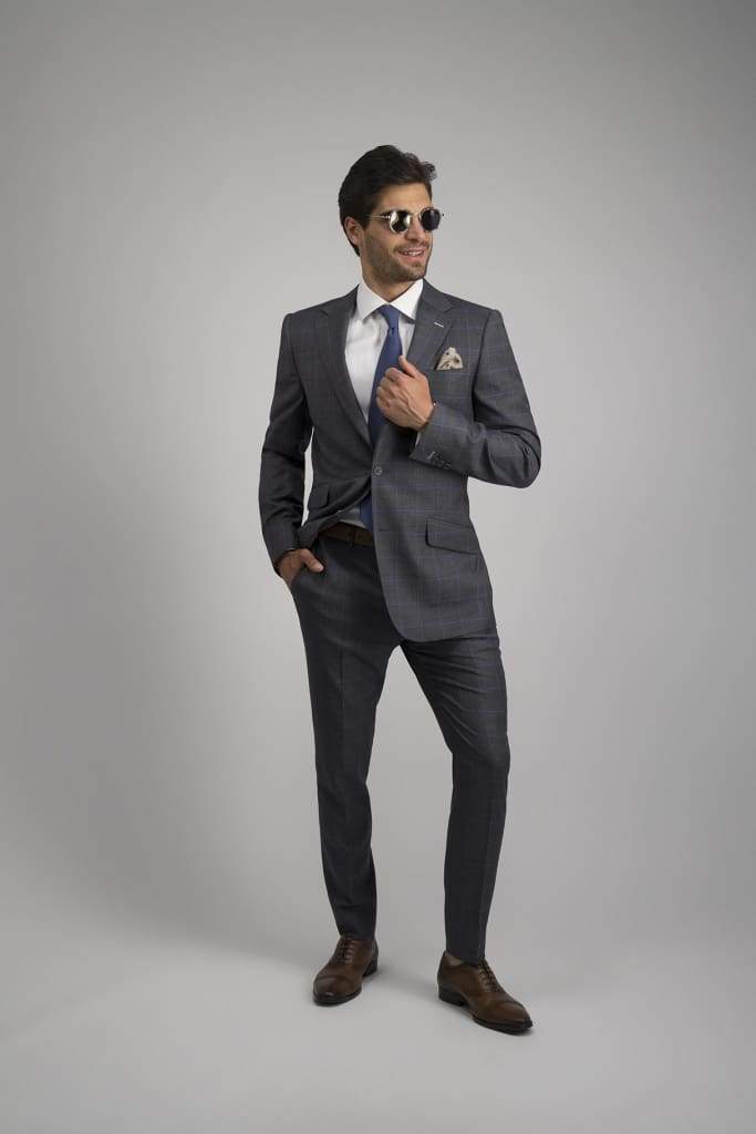 Traje Gris Principe De Gales Con Cuadro Ventana Azul| HAVOC